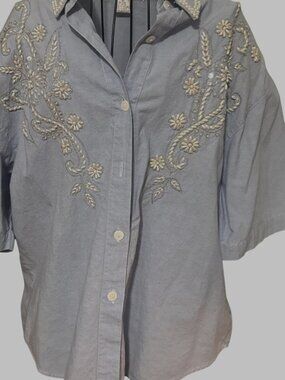 Jane Ashley Linen Embroidered Blouse Women’s Large Short Sleeve Floral Top